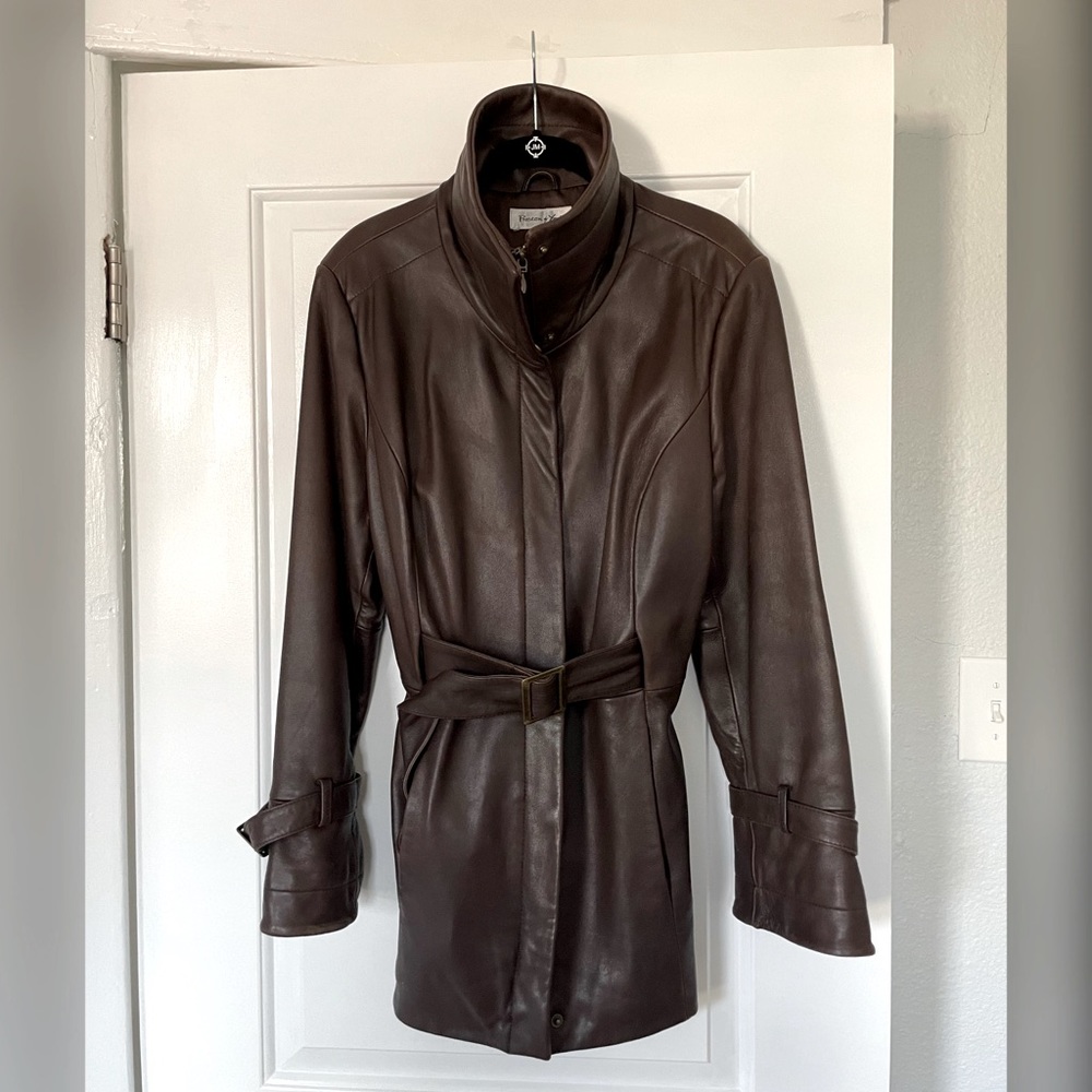 Rich brown leather women’s trench coat/jacket, Preston & York, Large, Like New